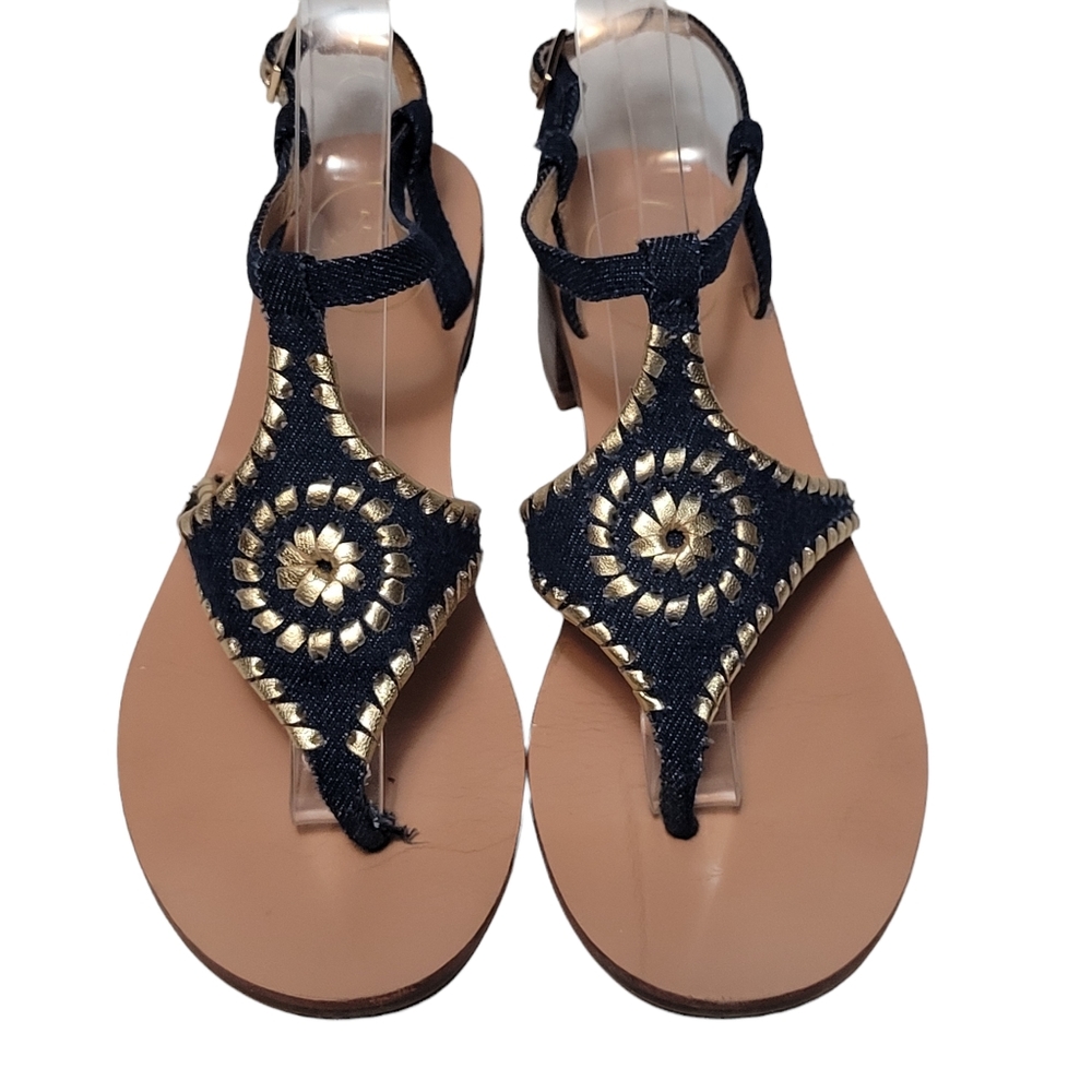 Jack Rogers Denim Blue Gold Leather Navajo Gladiator Sandals - Picture 3 of 10